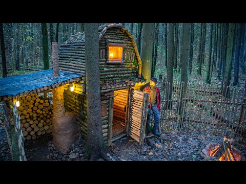 Bushcraft Cabin Upgrade. Building a Clay & Stone Fireplace Inside the Forest Shelter