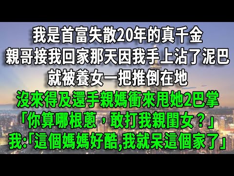 我是首富失散20年的真千金，親哥接我回家那天因我手上沾了泥巴，就被養女一把推倒在地，沒來得及還手親媽衝來甩她2巴掌，｢你算哪根蔥，敢打我親閨女？｣我:｢這個媽媽好酷,我就呆這個家了｣