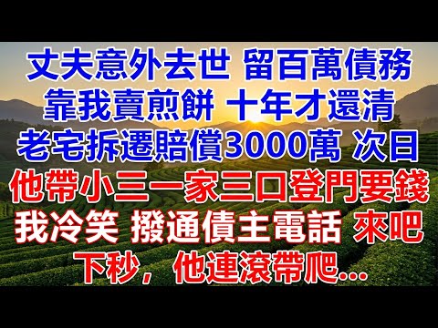 丈夫意外去世，留百萬債務，我起早貪黑賣煎餅十年還清，老宅拆遷賠償3000萬，次日他帶小三一家三口登門要錢，我冷笑，撥通債主電話：他來了，下秒，他連滾帶爬   #為人處世#正能量#故事