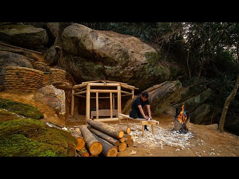 Building a Survival Shelter Under a Giant Rock in the rainforest, a Warm Campfire, Bushcraft Skills.