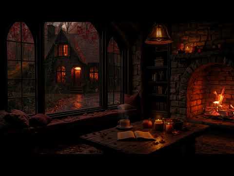 Relaxing Autumn Rainy Night Ambience🍂🎃Old Cottage, Cozy Fireplace & Pumpkin Glow for Sleep & Study