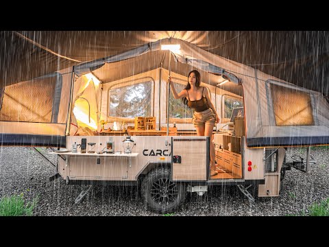 ☔CAMPING IN HEAVY RAIN WITH A NEW TENT TRAILER