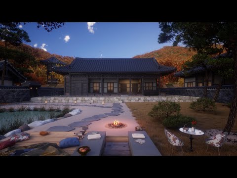 Autumn Vibes In A Mountain Hanok House | Water, Crackling Fire, Bird Sounds