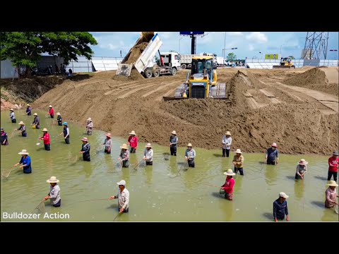 Amazing Sand Filling! Epic SHANTUI DH17c2 Pushing sand to fill the huge pond with Dump Truck loading