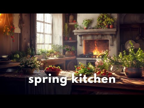 Spring Kitchen Ambience 🍓 | Cozy Fireplace & Morning Ambience | CottageCore Ambience