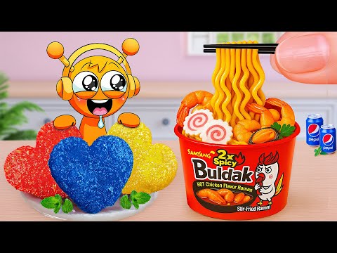 Tiny Korean Fast Food and Noodles 🍜😋 Mini fideos picantes y bola de queso con Cheetos