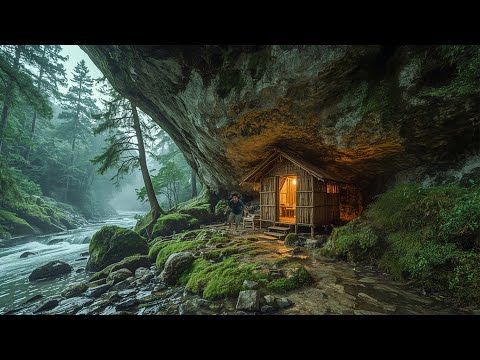 Building a Shelter House in a Dangerous Narrow Cliff in the Forest Using Primitive Tools, bushcraft