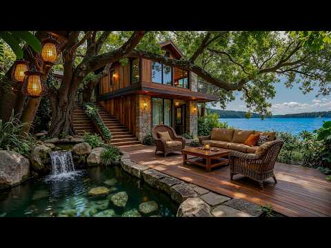 Gentle Jazz in a Cozy Cabin 🌿 Lakeside Coffee Time with Happy Jazz Music for Focus and Relax