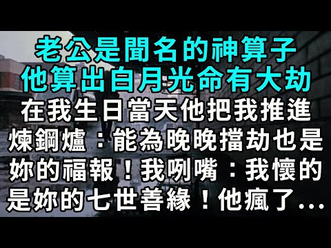 老公是聞名的神算子，他算出白月光命有一劫，在我生日當天他把我推進煉鋼爐：「能為晚晚擋劫，也是你的福報！」我咧嘴：「我懷的是你的七世善緣！」他瘋了...