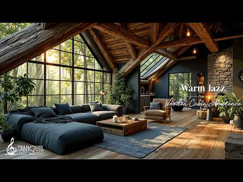 Cozy Forest Cafe Jazz Ambience | Warm Wooden Cabin Coffee Shop Ambience for Relax, Work & Study