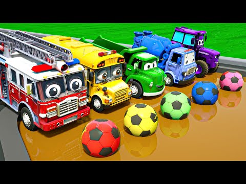 Oh no, a puddle! Colorful soccer balls - Wheels On the Bus song - Nursery Rhymes & Kids Songs