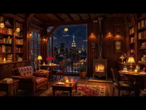 Winter Night Jazz Melody ☕ New York Coffee Shop Ambience & Warm Fireplace Sounds for Study, Work