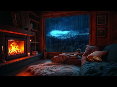 Heavy Rain & Crackling Fireplace | Cozy Cabin, Sleeping Cat & Warm Coffee