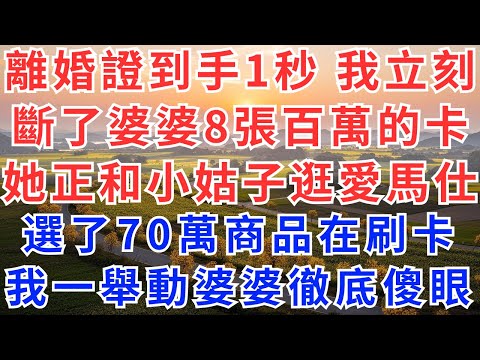 離婚證到手60秒，我立刻斷了婆婆8張百萬信用卡，她正和小姑逛愛馬仕，選了70萬的商品在刷卡，我一舉動婆婆徹底傻眼！#慧心家事#小說#說故事#為人處世#生活經驗#情感故事#晚年哲理