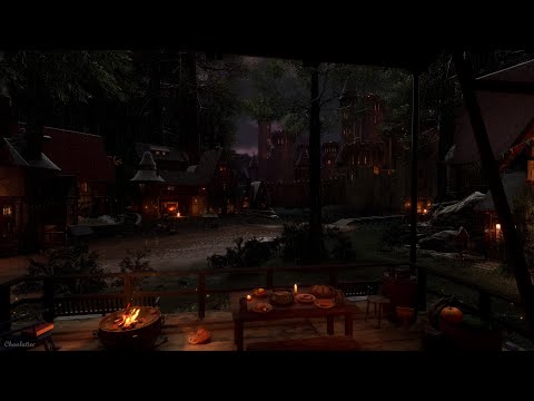 Fantasy Medieval Night Village Ambience With Rain | Rain, Crackling Fire, Crickets, Owls Sounds