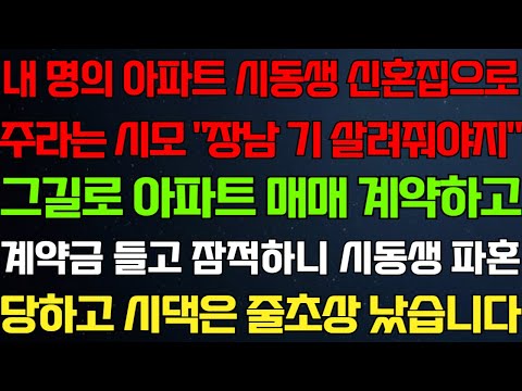 (반전 신청사연) 내 명의 아파트 시동생 신혼집으로 주라는 시모 "장남 기 살려줘야지" 그길로 아파트 매매 계약하고 계약금 들고 잠적하니 시동생 파혼당하고 시댁은 줄초상 났습니다
