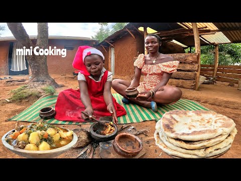 Village mini Cooking Delicious meat stew and vegetables | Making Flat Egyptian Bread 