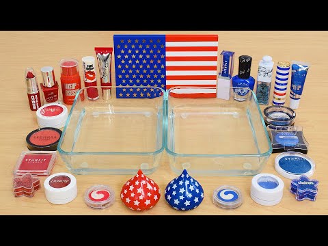 Red vs White vs Blue Slime ASMR - Mixing Makeup Into Clear Slime Compilation