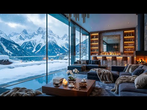 Gentle Jazz Music On A Snowy Day With Warm Fireplace ❄️ Winter Jazz at Luxury Winter Living Room