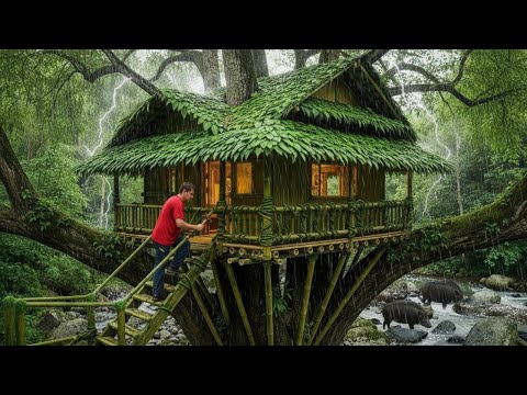 I Spent 28 Days Building a Bamboo Tree House | Reinforcing the Shelter During Heavy Rain