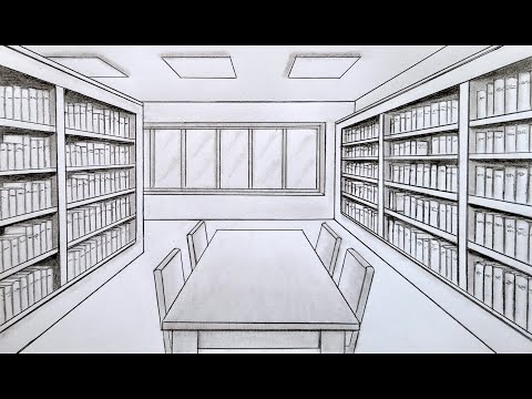 How to draw a room in one point perspective, a library