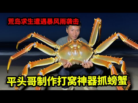 荒岛求生遭遇暴风雨袭击，平头哥用海螺肉制作打窝神器，为天灾期间储存食物【户外平头哥】