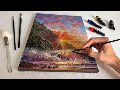 How to PAINT a Sunset Wave Seascape | Acrylic Painting for Beginners