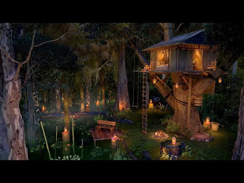 Tropical Rainforest Ambience 🏕️🌙 nature sounds for sleep 10 hours, rain on leaves & cozy treehouse.