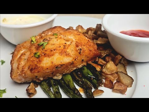 Seared fish dinner w/ homemade tartar sauce fried potato bites, honey garlic green beans