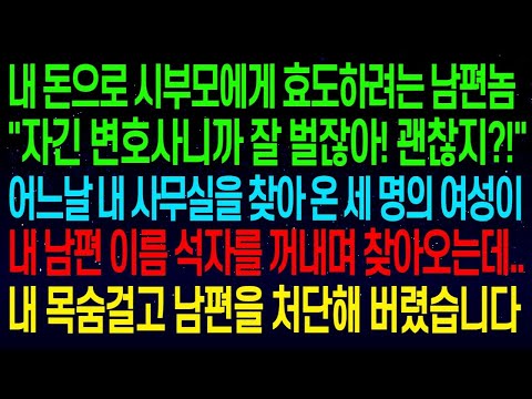 내 돈으로 시부모에게 효도하려는 남편_자긴 변호사니까 잘 벌잖아!_어느날 사무실을 찾아온 세 명의 여성이 낯익은 이름 석자를 말하는데..목숨걸고 처단해버렸습니다#실화사연