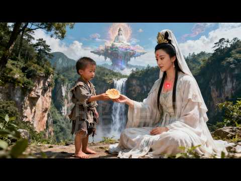 The boy gave the beggar a cake, unaware that she was actually a fallen Guanyin.
