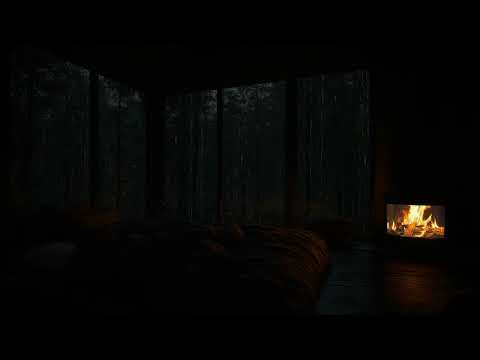 Fireplace & Rain Sounds in a Cozy Forest Room at Night - No Ads🔥Calm Ambience for Deep Sleep & Relax