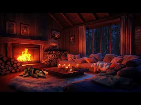 Thunderstorm & Crackling Fireplace | Cozy Cabin, Rain on Windows & Sleeping Pets