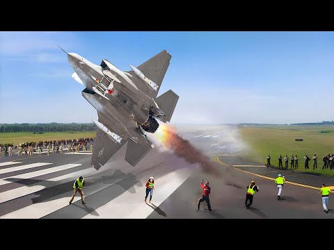 Female pilot of US F 35 fighter jet takes off at full speed in Emergency