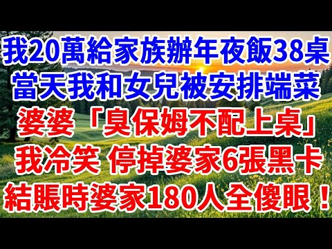 我花20萬，給家族辦年夜飯38桌，當天我和女兒被安排端菜，婆婆：「臭保姆不配上桌」我冷笑 停掉婆家6張黑卡，結賬時婆家180人全傻眼！#詩涵講故事#為人處世#生活經驗#情感故事#晚年哲理#說故事#完結