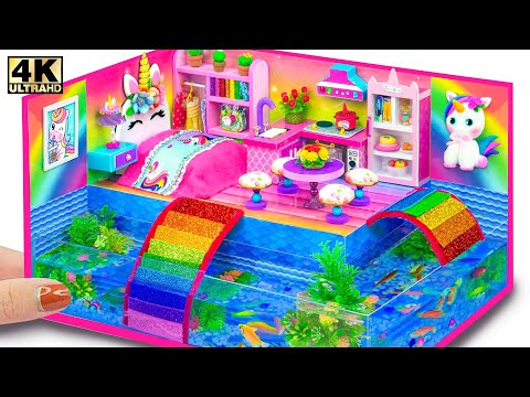 DIY Miniature House ❤️ How To Make Cute Rainbow Unicorn House with Aquarium Around from Cardboard