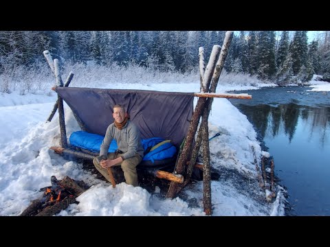 HOT ROCKS in my Bushcraft Cot - Winter Camping in Alaska with a Survival Shelter