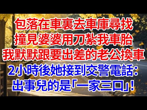 包落在車裏去車庫尋找撞見婆婆用刀紮我車胎。我默默跟要出差的老公換車，2小時後她接到交警電話：出事的是「一家三口」#情感 #人生感悟 #爽文 #為人處世 #故事