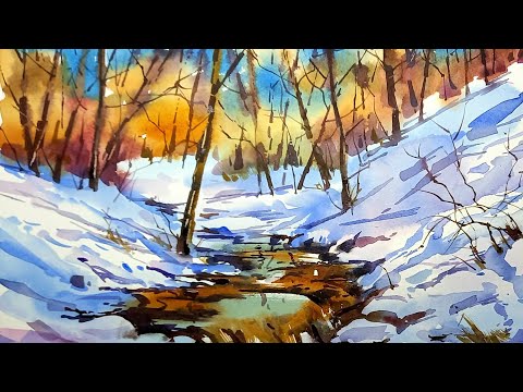 В ожидании весны, рисуем снег и лесной ручей акварелью