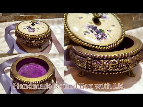 Handmade Vintage Small Round Box with Lid, Decoupage, Rice Paper with using Silicon Molds