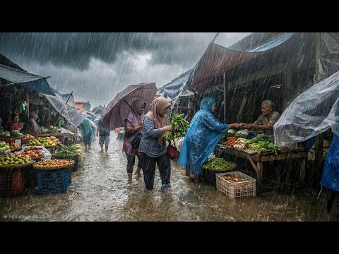 walking in the pouring rain at a traditional Indonesian market I trading activities continue
