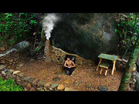 Build A Bushcraft Shelter Under The Giant Rock For Survival, Warm Fireplace, Giant Catfish Fishing