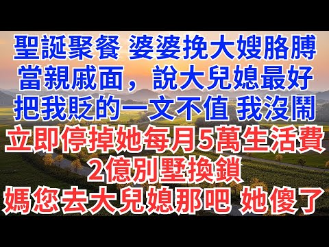 聖誕聚餐,婆婆挽大嫂胳膊當親戚面,說大兒媳最好,把我貶的一文不值,我沒鬧,立即停掉她每月5萬生活費,2億別墅換鎖,媽您去大兒媳那吧,她傻了!#為人處世#生活經驗#情感故事#故事#小說#情感