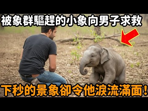 這頭小象被象群驅趕，無奈哭著向男子求救。男子不解緊跟其後，沒想到下秒的景象令他淚流滿面！#小象 #象群 #遷徙 #動物情感 #動物故事 #真實故事 #震驚 #感動 #反轉 #動物求救 #心靈飼養員