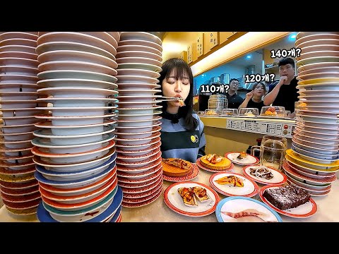 The staff made a bet on how many plates of sushi I ate🤣 Eating round sushi for 1,300 won per plate
