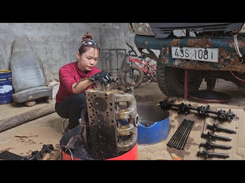 Disassembling and replacing a damaged engine gasket  The image was taken by a talented young woman