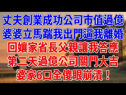丈夫創業成功公司市值過億，婆婆立馬踹我出門逼我離婚。回孃家省長父親讓我答應，第二天過億公司關門大吉，婆家6口全傻眼崩潰！#為人處世#經驗#情感故事#戀愛#情感#婚姻#人生感悟