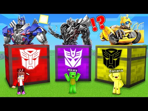 JJ's Optimus Prime vs Mikey's Megatron vs Banana kid's Bumblebee Survive Сhests Battle in Minecraft