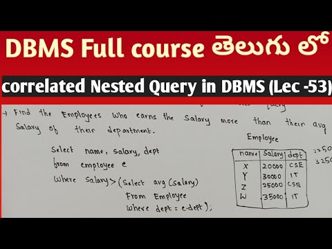 correlated Nested Query in DBMS in Telugu | Nested query | SRT Telugu Lectures | DBMS tutorials