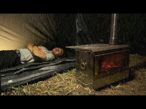 A soul-soothing camping experience! Hot Tent Rain Camping in Heavy Rain!